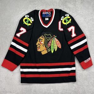 Vintage Chicago Blackhawks Jersey Mens Medium Black NHL Hockey Chelios 7 CCM 90s